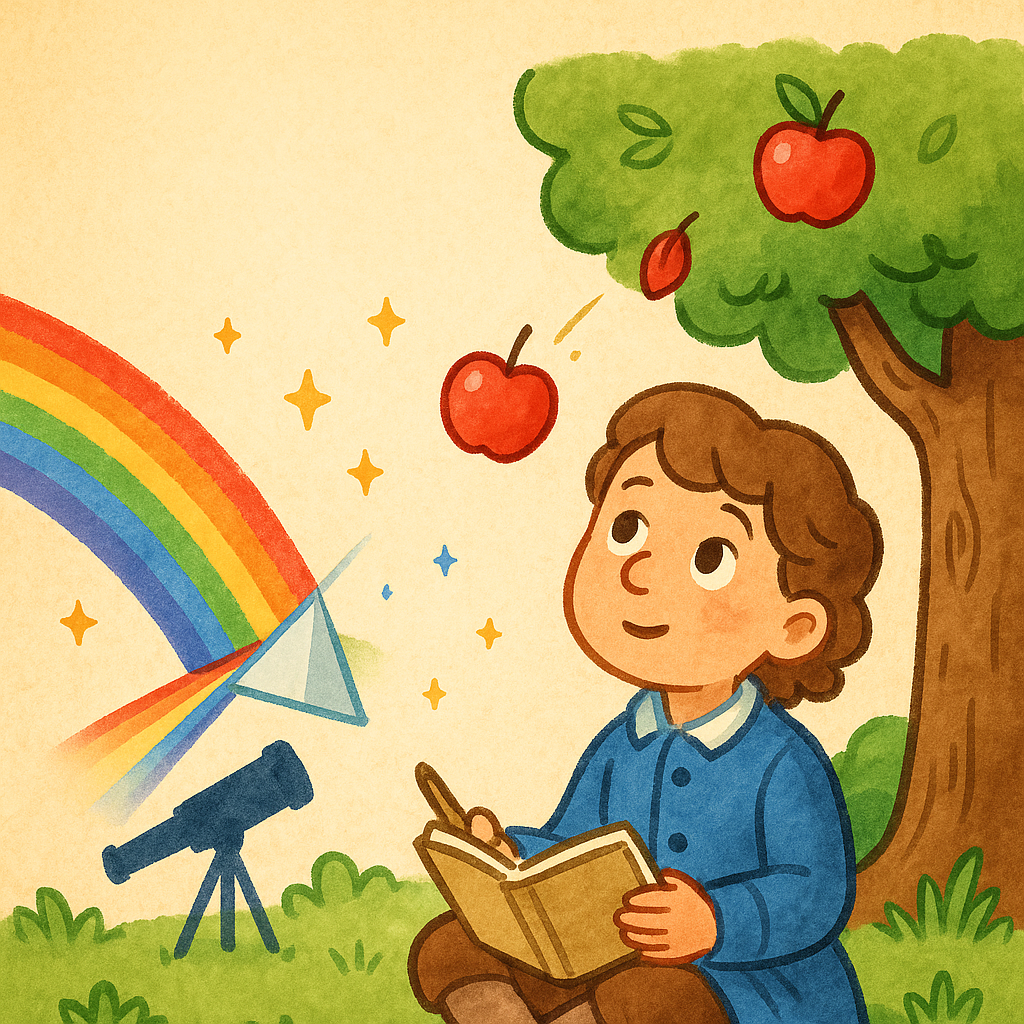 Isaac Newton standing outdoors with an apple tree and a rainbow, introducing the four-week curriculum.