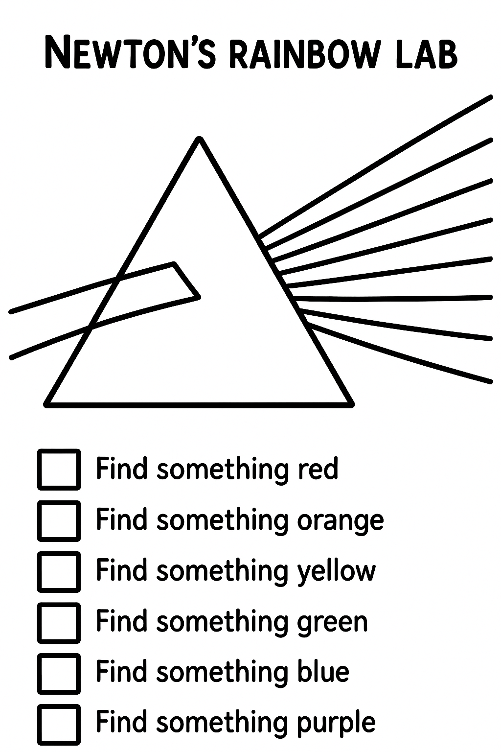 Week 2 coloring and activity page for Light & Colors — The Prism Experiments.