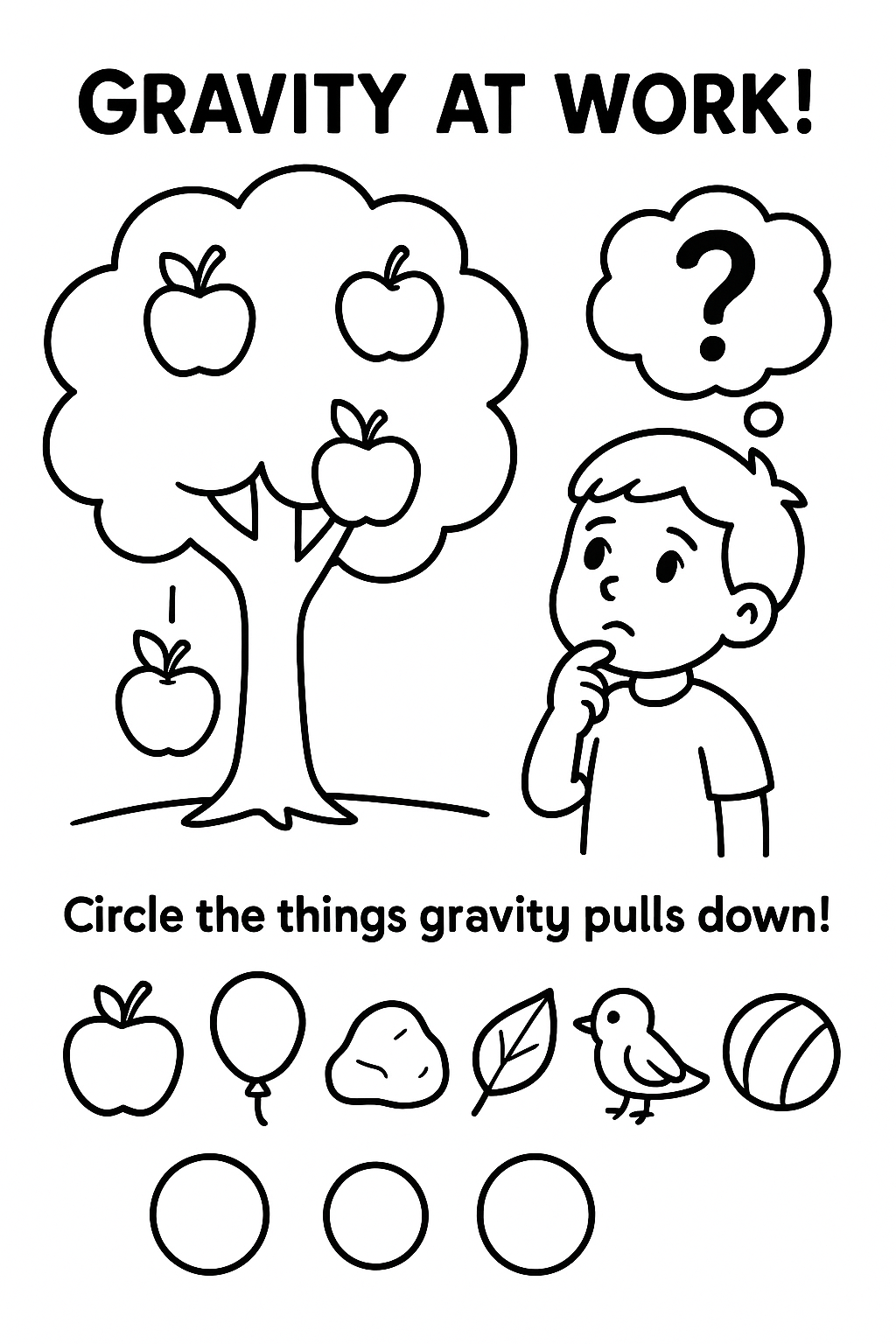 Week 3 coloring and activity page for Gravity — The Apple & Beyond.