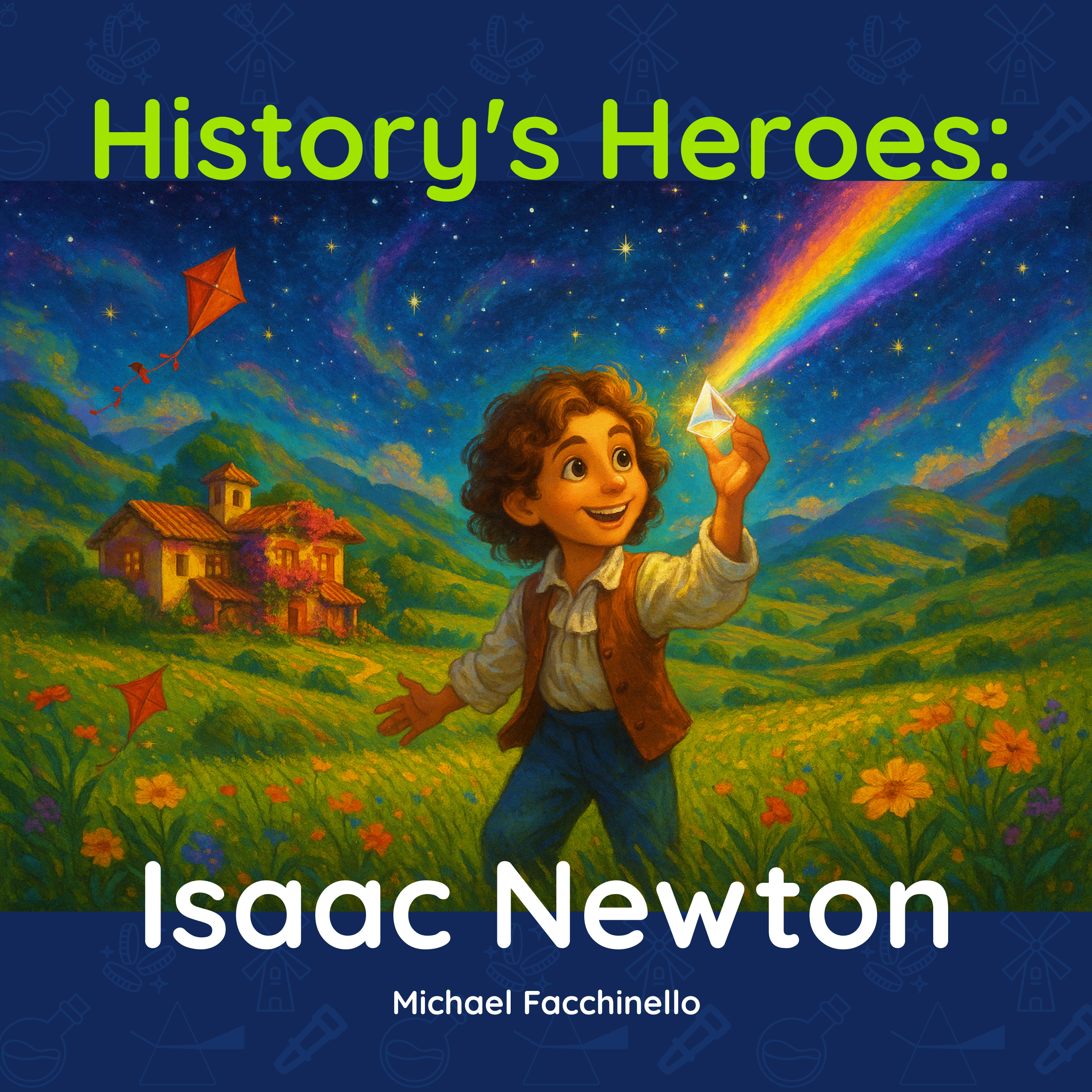 History's Heroes: Isaac Newton book cover showing a young Isaac with a prism and rainbow in a pastoral setting